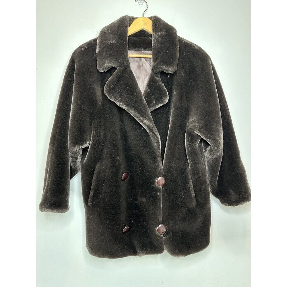 VTG Hillmoor of New York Brown Faux Fur Coat Union Label USA Button Size 8